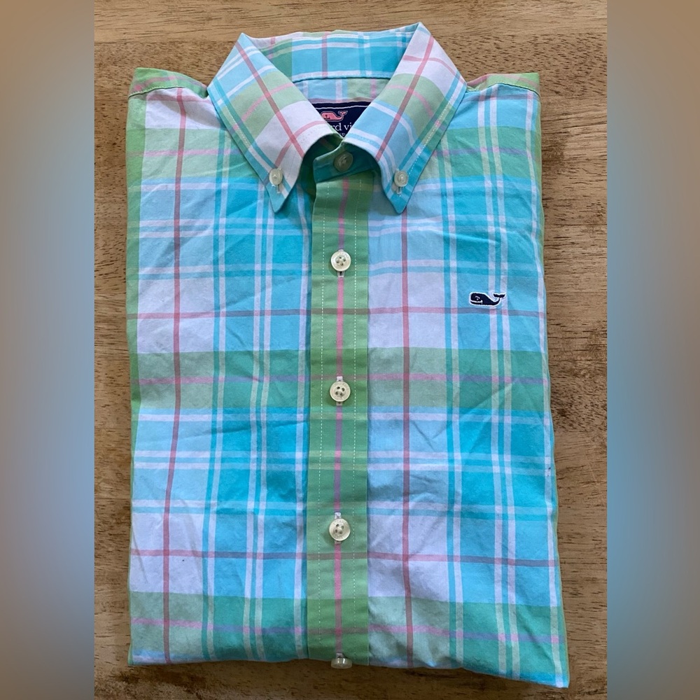 Vineyard Vines Boy’s Sz L Pastel Plaid Short Sleeve Button Down Whale‎ Shirt